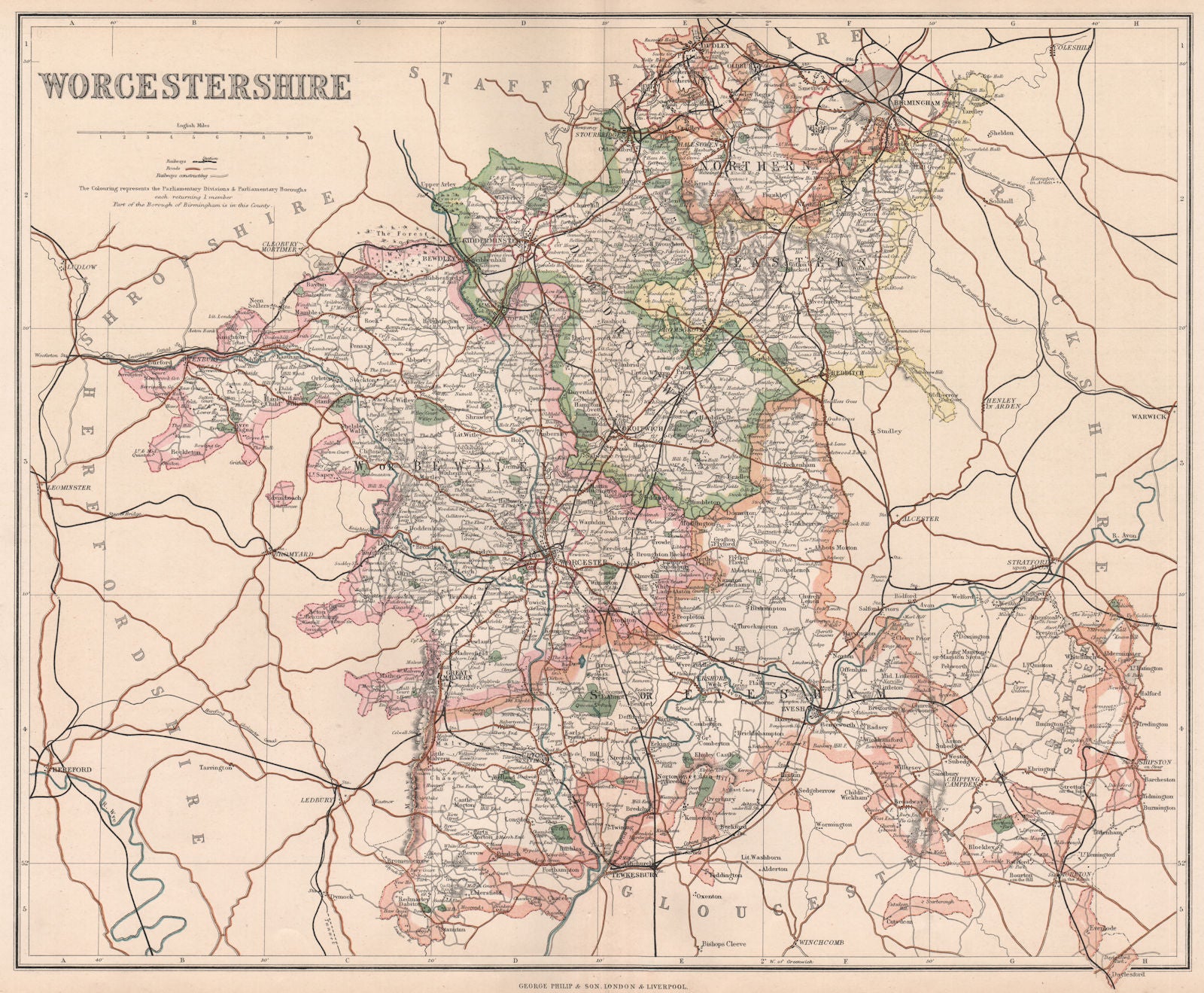 WORCESTERSHIRE. County map. Droitwich Bewdley Evesham constituencies.PHILIP 1902